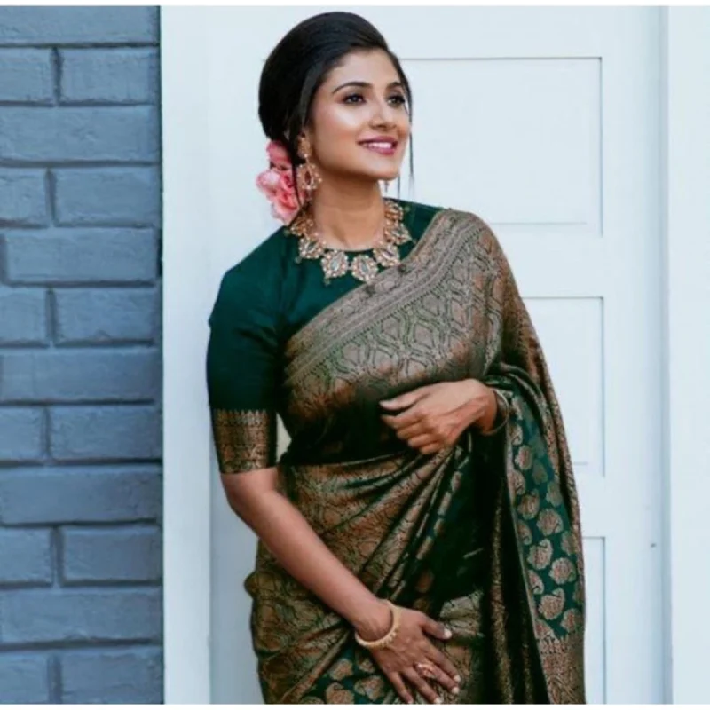 Generic Women's Litchi silk Printed Saree With Unstitched Blouse (Green)
