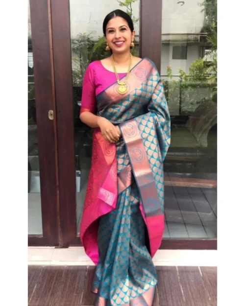 Generic Women's Litchi silk Printed Saree With Unstitched Blouse (Blue)