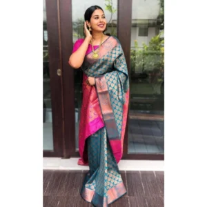 Generic Women's Litchi silk Printed Saree With Unstitched Blouse (Blue)