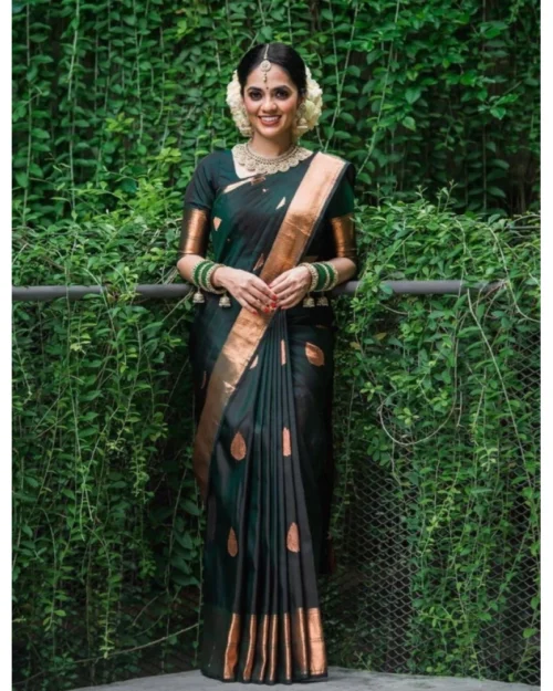 Generic Women's Litchi silk Printed Saree With Unstitched Blouse (Green)