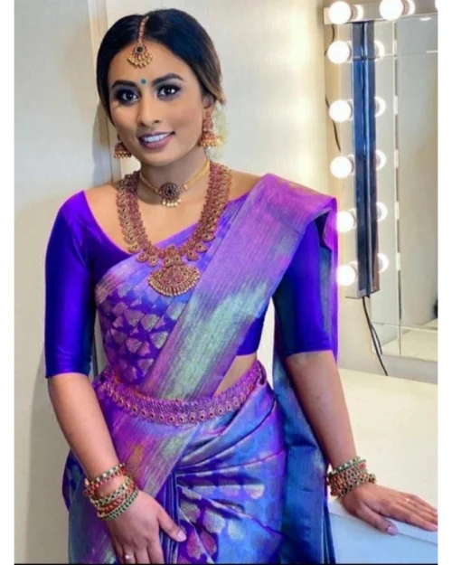 Generic Women's Litchi silk Printed Saree With Unstitched Blouse (Blue)