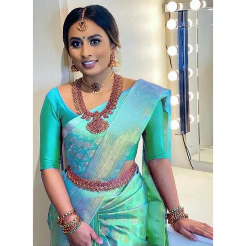 BSB233-SASYYYH-4067-GREEN-Main-1000x1000-1.webp Generic Women's Litchi silk Printed Saree With Unstitched Blouse (Green)