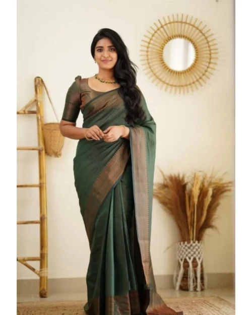 Generic Women's Litchi silk Printed Saree With Unstitched Blouse (Green)