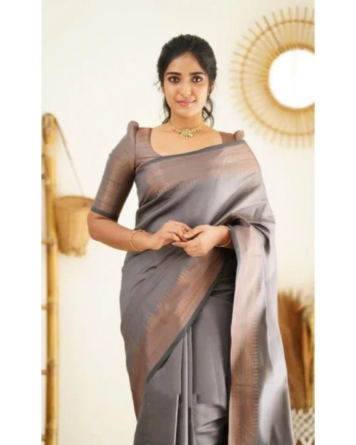 Generic Women's Litchi silk Printed Saree With Unstitched Blouse (Grey)