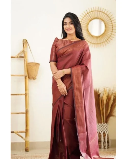 Generic Women's Litchi silk Printed Saree With Unstitched Blouse (Maroon)