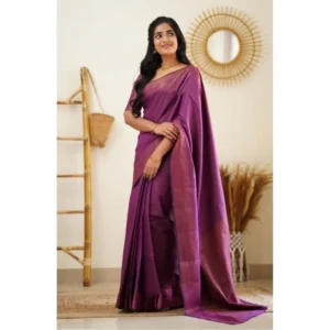 BSB233-SASYYYH-4068-PUR-Main-1000x1000-1.webp Generic Women's Litchi silk Printed Saree With Unstitched Blouse (Purple)