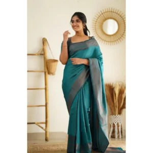 BSB233-SASYYYH-4068-RAMA-Main-1000x1000-1.webp Generic Women's Litchi silk Printed Saree With Unstitched Blouse (Rama Blue)