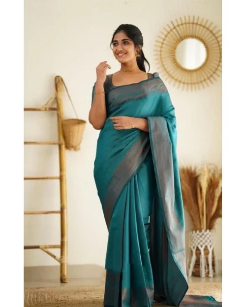 Generic Women's Litchi silk Printed Saree With Unstitched Blouse (Rama Blue)