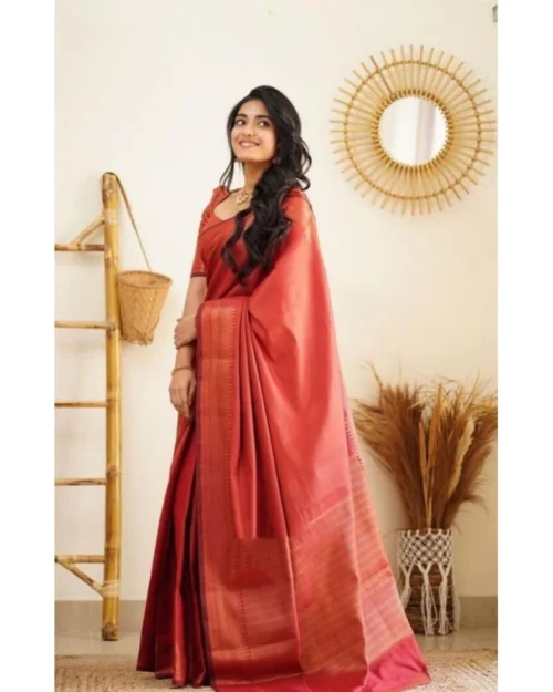 Generic Women's Litchi silk Printed Saree With Unstitched Blouse (Red)