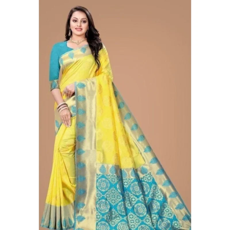 BSB233-SASYYYH-4069-YELLOW-Main-1000x1000-1.webp Generic Women's Litchi silk Printed Saree With Unstitched Blouse (Yellow)