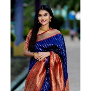 BSB233-SASYYYH-4080-BLUE-Main-1000x1000-1.webp Generic Women's Litchi silk Printed Saree With Unstitched Blouse (Blue)