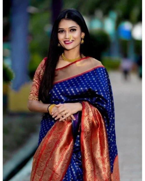 Generic Women's Litchi silk Printed Saree With Unstitched Blouse (Blue)