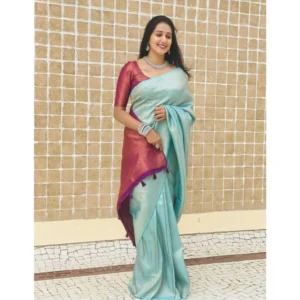 BSB233-SASYYYH-4084-BLUE-Main-1000x1000-1.webp Generic Women's Litchi silk Printed Saree With Unstitched Blouse (Blue)
