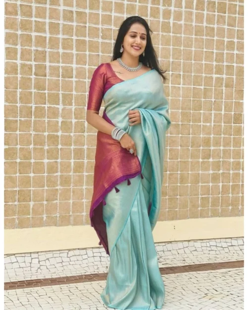 Generic Women's Litchi silk Printed Saree With Unstitched Blouse (Blue)