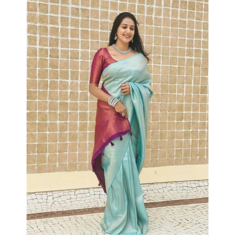 BSB233-SASYYYH-4084-BLUE-Main-1000x1000-1.webp Generic Women's Litchi silk Printed Saree With Unstitched Blouse (Blue)