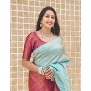 BSB233-SASYYYH-4084-BLUE-Other2-1000x1000-1.webp Generic Women's Litchi silk Printed Saree With Unstitched Blouse (Blue)