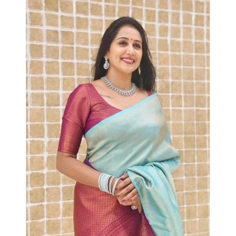 BSB233-SASYYYH-4084-BLUE-Other2-1000x1000-1.webp Generic Women's Litchi silk Printed Saree With Unstitched Blouse (Blue)