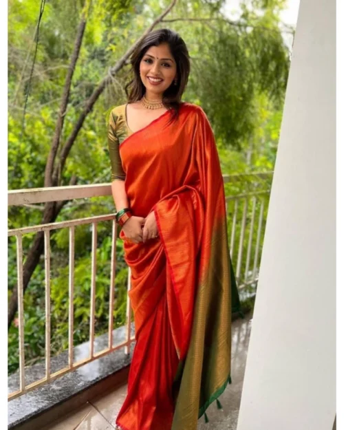 Generic Women's Litchi silk Printed Saree With Unstitched Blouse (Red)