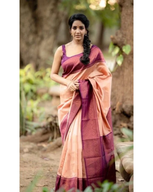 Generic Women's Litchi silk Printed Saree With Unstitched Blouse (Beige)