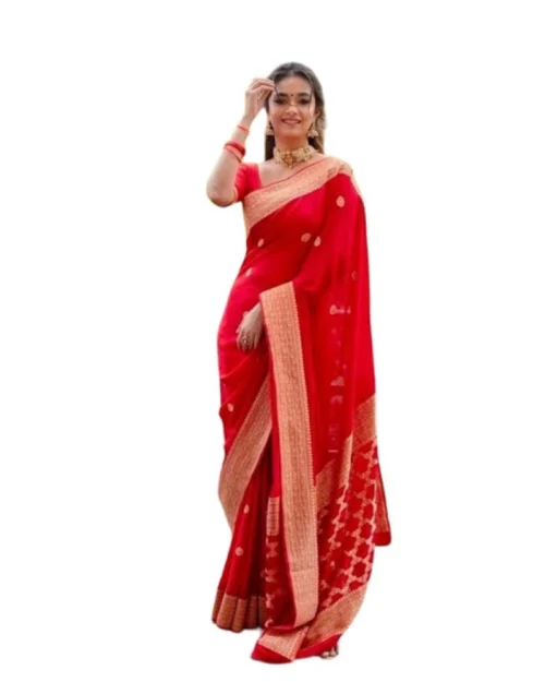 Generic Women's Litchi silk Printed Saree With Unstitched Blouse (Red)