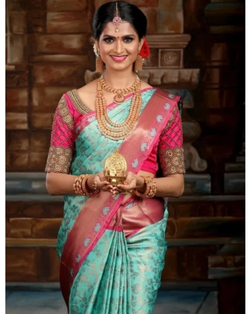 Generic Women's Litchi silk Printed Saree With Unstitched Blouse (Turquise Blue)