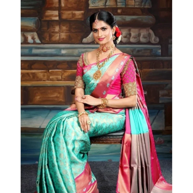 Generic Women's Litchi silk Printed Saree With Unstitched Blouse (Turquise Blue)