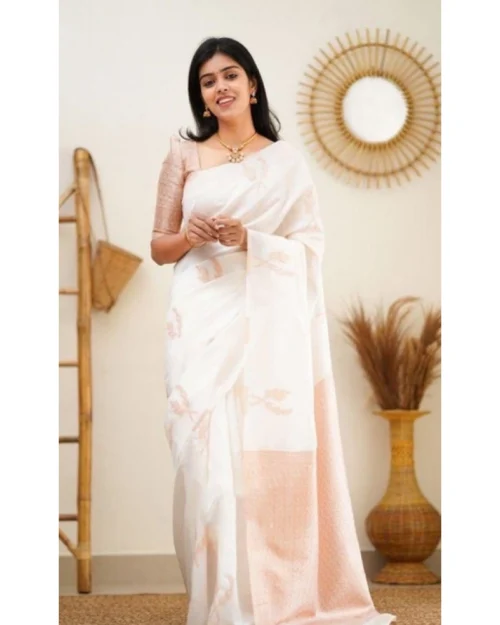 Generic Women's Litchi silk Printed Saree With Unstitched Blouse (White)