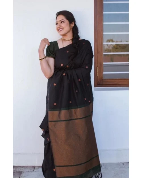 Generic Women's Litchi silk Printed Saree With Unstitched Blouse (Black)