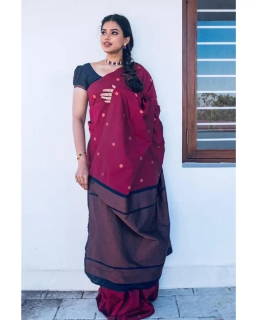 Generic Women's Litchi silk Printed Saree With Unstitched Blouse (Red)