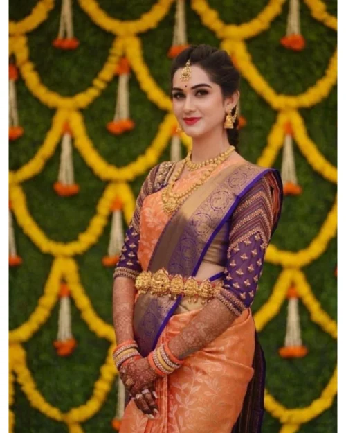 Generic Women's Litchi silk Printed Saree With Unstitched Blouse (Orange)