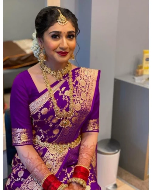 Generic Women's Litchi silk Printed Saree With Unstitched Blouse (Purple)
