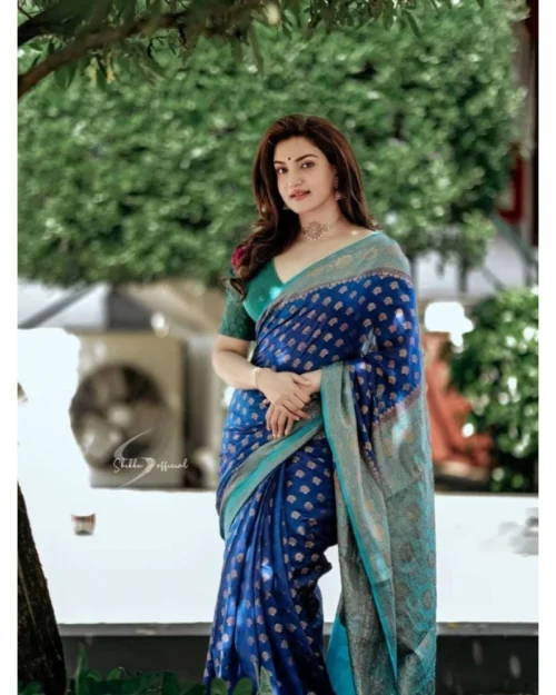 Generic Women's Litchi silk Printed Saree With Unstitched Blouse (Navy Blue)