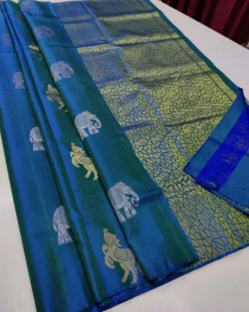 Generic Women's Litchi silk Printed Saree With Unstitched Blouse (Turquise Blue)