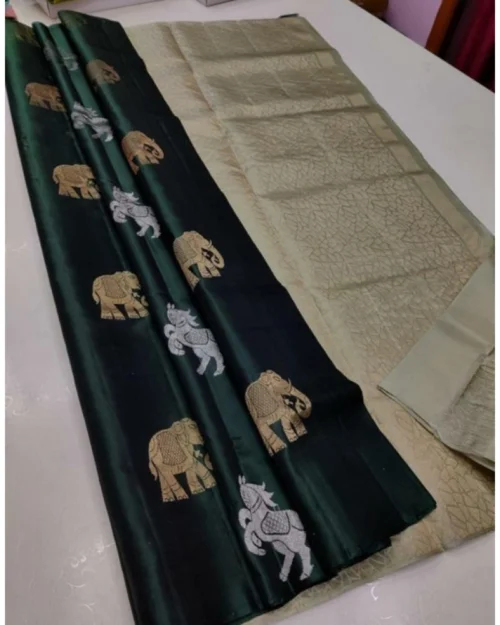 Generic Women's Litchi silk Printed Saree With Unstitched Blouse (Green)
