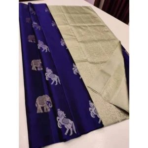 BSB233-SASYYYH-5014-nvyhwt-main-1000x1000-1.webp Generic Women's Litchi silk Printed Saree With Unstitched Blouse (Navy Blue With White)