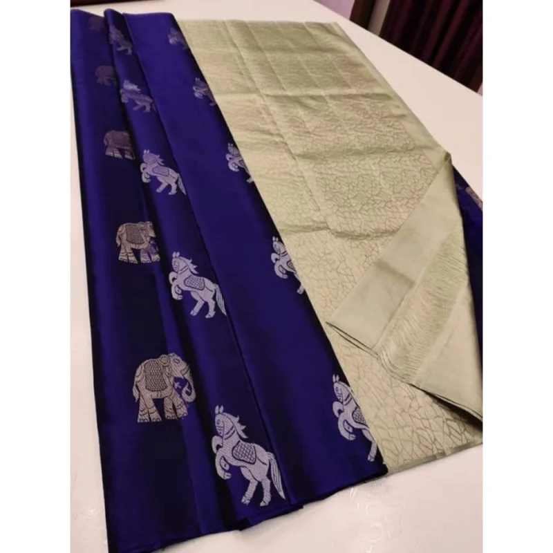 BSB233-SASYYYH-5014-nvyhwt-main-1000x1000-1.webp Generic Women's Litchi silk Printed Saree With Unstitched Blouse (Navy Blue With White)