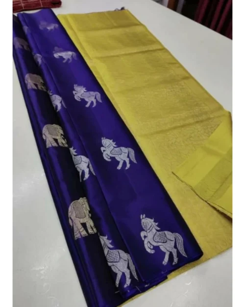 Generic Women's Litchi silk Printed Saree With Unstitched Blouse (Navy Blue With Yellow)
