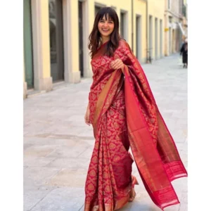 BSB233-SAs-YYYh-4093-red-Main-1000x1000-1.webp Generic Women's Litchi silk Printed Saree With Unstitched Blouse (Red)