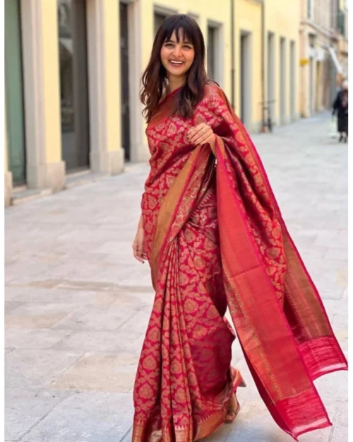Generic Women's Litchi silk Printed Saree With Unstitched Blouse (Red)