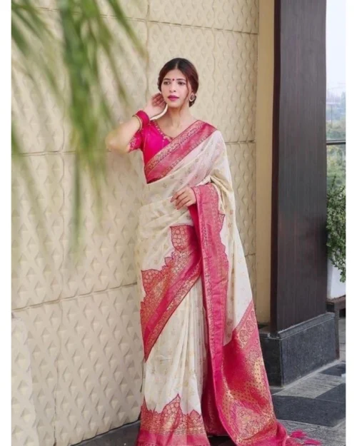 Generic Women's Litchi silk Printed Saree With Unstitched Blouse (Half White)