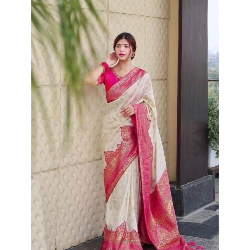 Generic Women's Litchi silk Printed Saree With Unstitched Blouse (Half White)