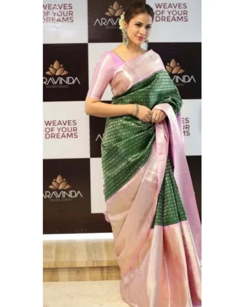 Generic Women's Litchi silk Printed Saree With Unstitched Blouse (Green)
