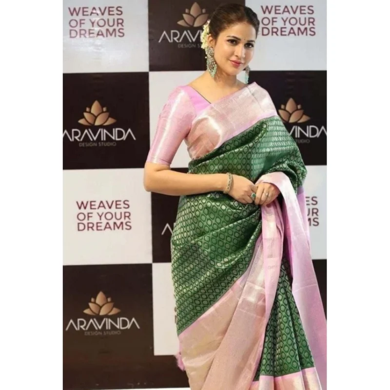 BSB233-SAs-YYYh-4097-Green-Other1-1000x1000-1.webp Generic Women's Litchi silk Printed Saree With Unstitched Blouse (Green)