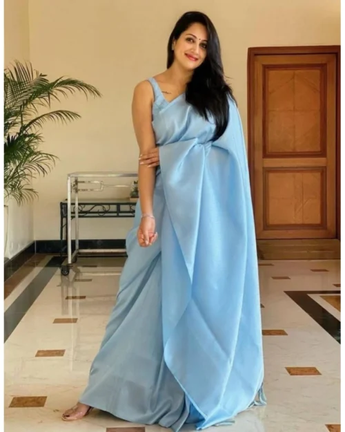 Generic Women's Litchi silk Printed Saree With Unstitched Blouse (Light Blue)
