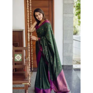 Generic Women's Litchi silk Printed Saree With Unstitched Blouse (Dark Green)