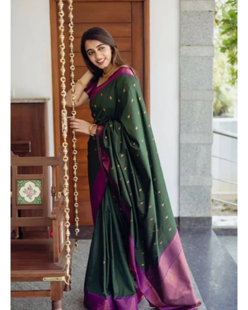 Generic Women's Litchi silk Printed Saree With Unstitched Blouse (Dark Green)