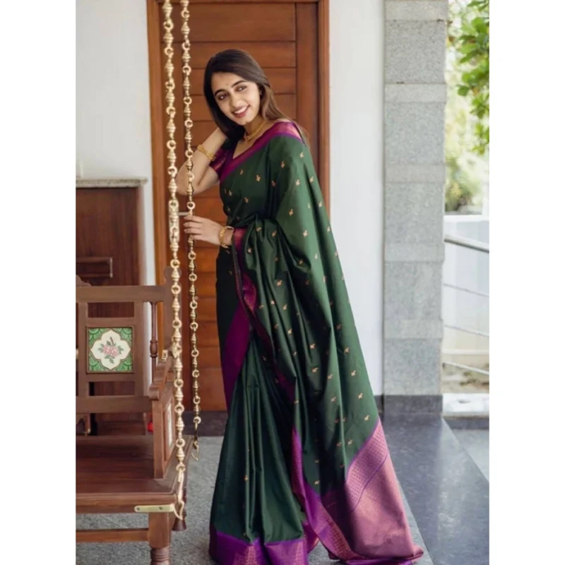 Generic Women's Litchi silk Printed Saree With Unstitched Blouse (Dark Green)