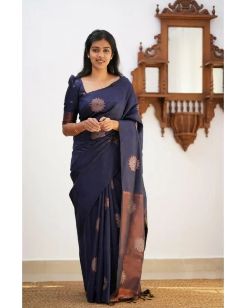Generic Women's Litchi silk Printed Saree With Unstitched Blouse (Dark Blue)