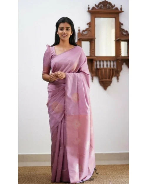 Generic Women's Litchi silk Printed Saree With Unstitched Blouse (Light Pink)