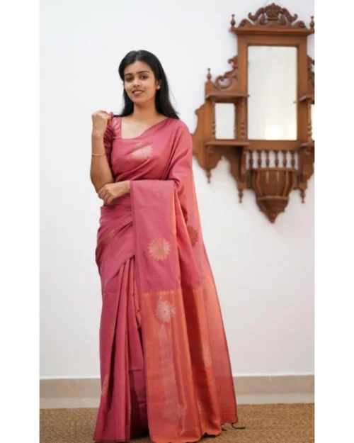 Generic Women's Litchi silk Printed Saree With Unstitched Blouse (Peach)